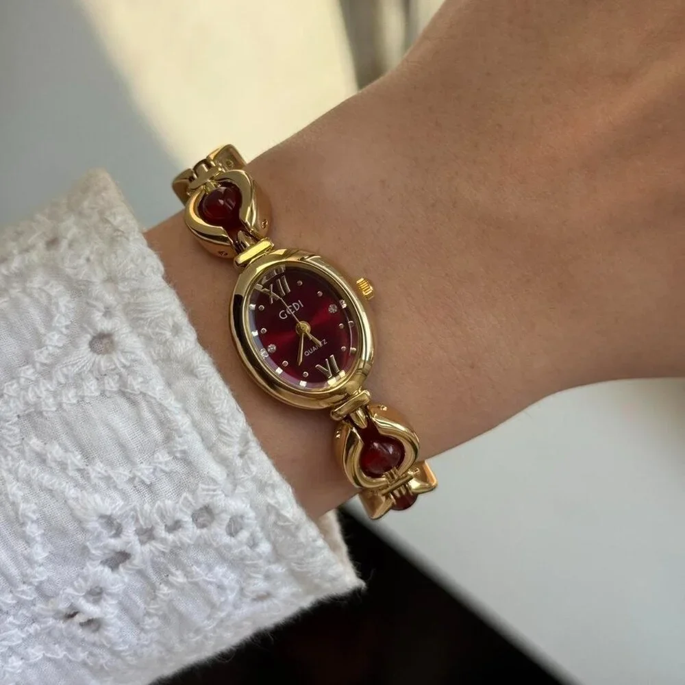 SKU:0110 cute gold burgundy mini watch gold bracelet burgundy stone +in gift bag